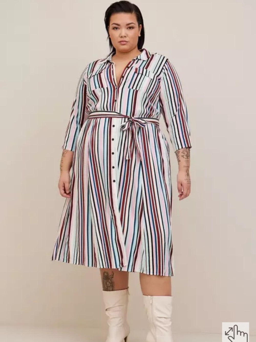 Torrid Midi Stretch Challis Button Front Shirt Dress Multi Striped